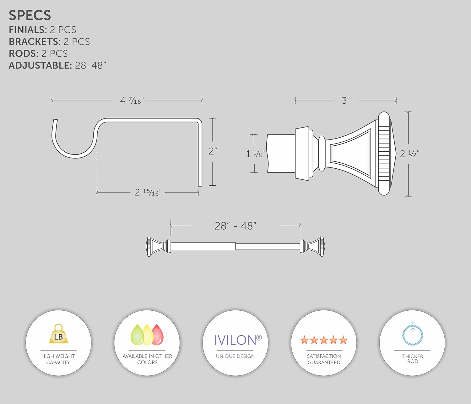 Ivilon Decorative Window Curtain Rod - Carved Square Finials, 1 1/8 in Rod, 28 to 48 in. Satin Nickel: Home & Kitchen
