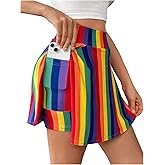 WDIRARA Women's Rainbow Striped Elastic Waist Active Tennis Skorts Golf Workout Skirt Shorts with Pocket