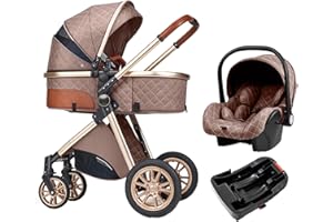 Magic ZC 3 in 1 Baby Travel System Infant Baby Stroller Pushchair High Landscape Reversible Foldable Portable Standard Stroller Newborn Pram Buggy Reclining Baby Carriage (with Base 225 Khaki-2)