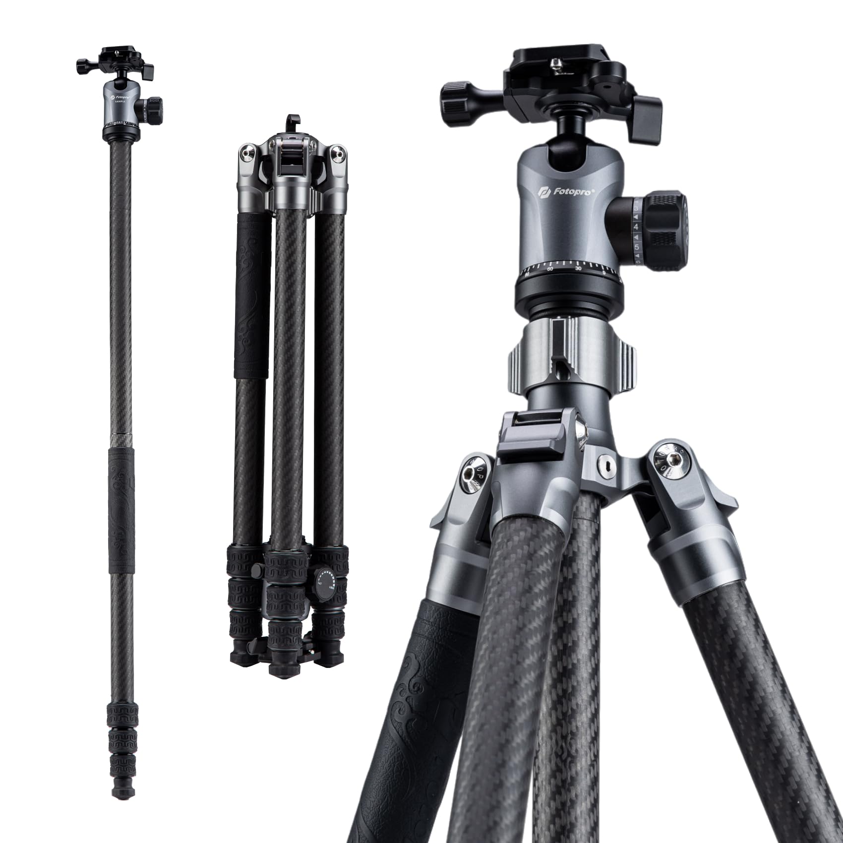 Fotopro Sherpa Plus 64 Inch Travel Camera Tripod, Carbon Fiber Tripod with Panoramic Ball Head Hidden Wrench Phone Clip, Detachable Center Axis, Video Tripod for DSLR Camcorder, Max Load 22lb Grey