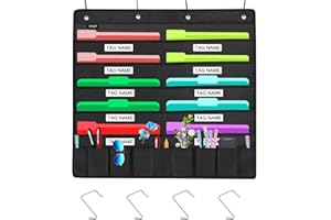 Sinzip Heavy Duty 10 Pocket Door Hanging File Organizer with Name Tag Holders, Black Wall Storage Pocket Charts with 4 Hangers, Great for Classroom, School, Home or Office Use (10 Nametag Pocket)