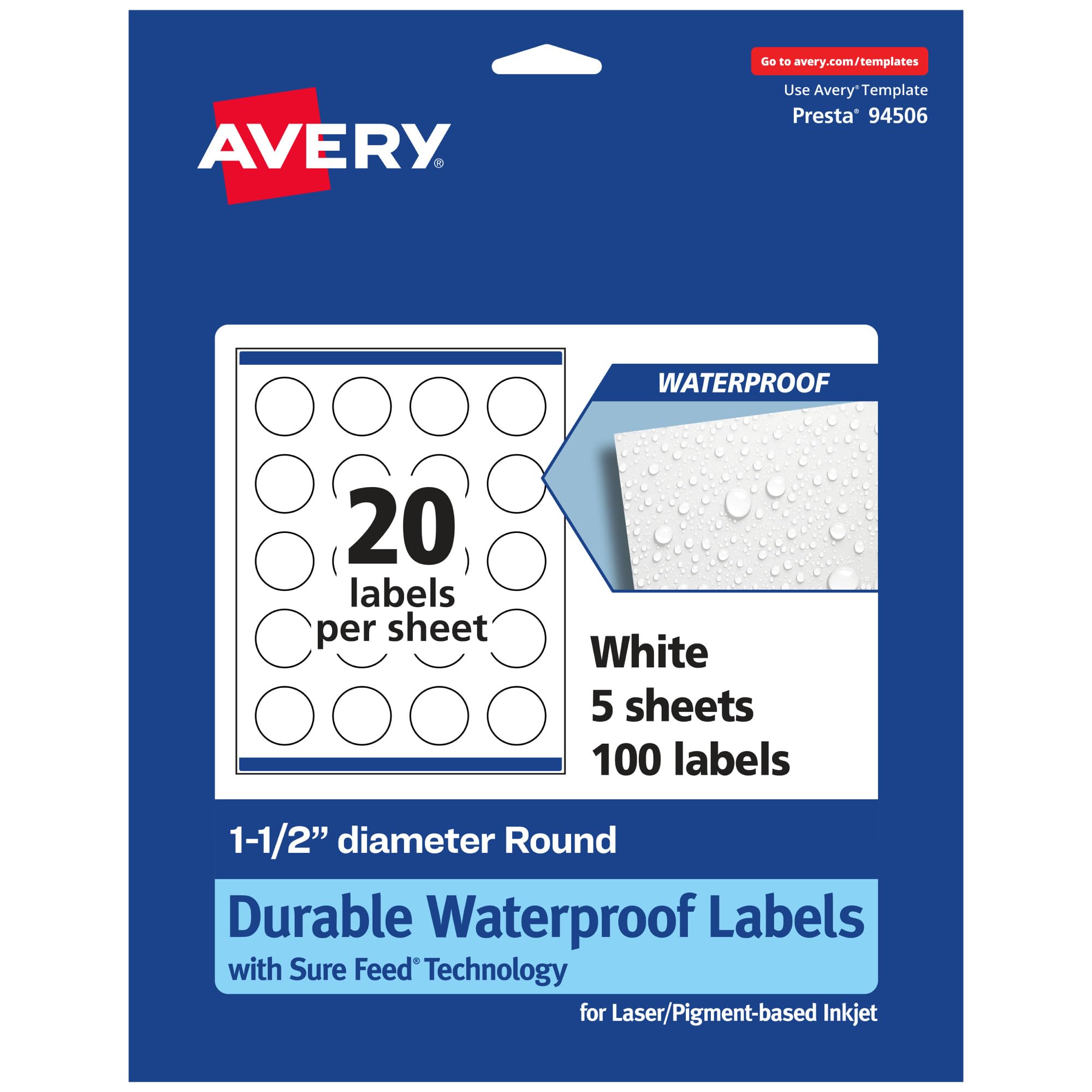 Photo 1 of Avery Durable Waterproof Round Labels, Sure Feed Technology, Print-to-The-Edge, 1.5" Diameter, 100 Total, Oil and Tear-Resistant, Waterproof, Laser/Pigment-Based Inkjet Printable