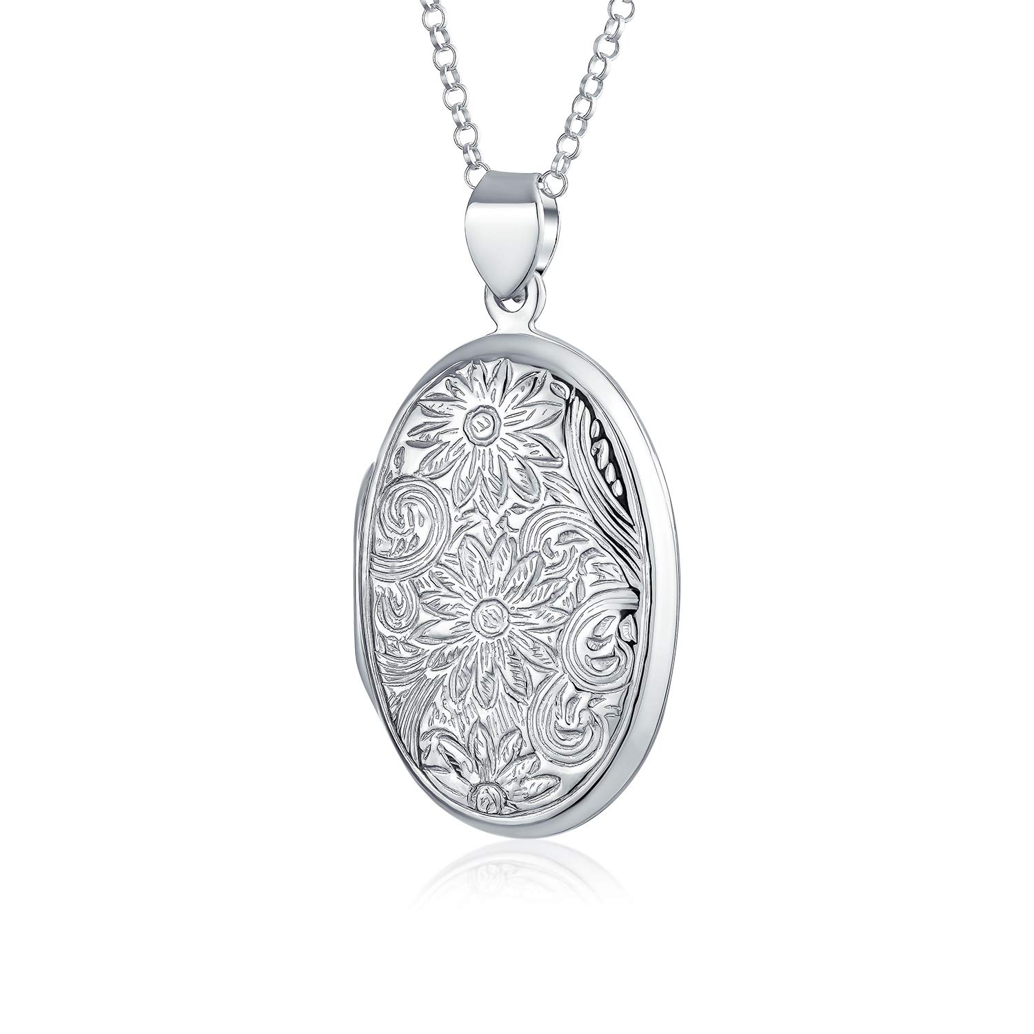 Bling Jewelry Customizable Vintage Style Oxidized .925 Sterling Silver Embossed Scroll Floral Sunflower Photo Lockets Necklace Pendant for Women Holds Pictures Round Oval Design