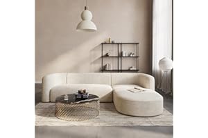 Acanva Luxury Modern Tight Curved Back Velvet Sofa, Minimalist Style Comfy Couch for Living Room Apartment Reception Space, Cream L-Shape Right Chaise