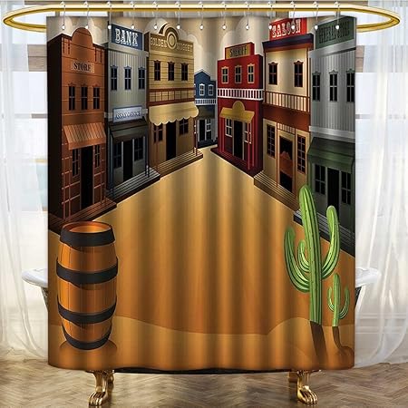 Saloon Decor Collection Cartoon Illustration Of Old Western Town Shops Store Street Old Style Structure Design Polyester Fabric Bathroom Shower Curtain Set With Hooks Orange Beige W69 X L72 Amazon Co Uk Kitchen Home