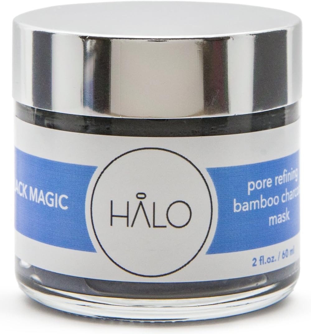 Bamboo Charcoal Face Mud Mask with Jojoba Oil, Vitamin C, MSM & Kelp. BLACK MAGIC by HALO BEAUTY. Exfoliates Skin & Minimizes Pores. Eliminates Blackheads and Fights Acne - All Natural. 2 OZ
