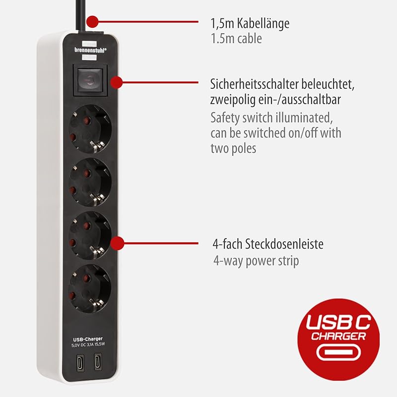 Ecolor Ciabatta multipresa con 4 prese con porta di ricarica USB (presa multipla con 2 USB C, interruttore e cavo da 1,5 m) bianco/nero