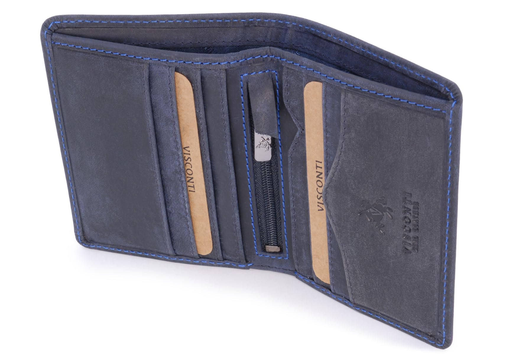 VISCONTI - Men's Small Bifold Leather Wallet - RFID Protected - 6 Credit Card Slots, Note Section & Coin Pocket - Gift Boxed - 705 Arrow - Oil Blue — image 1