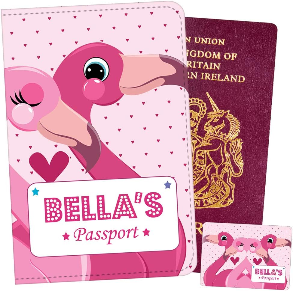 Cute Flamingo Personalised Passport Holder Cover - for Kids Children Girls Travel Holiday Gift