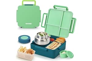 Norxely Bento Box for Kids with Thermos, [Large Capacity] Insulated Lunch Box Kids with 4 Compartment for Ages 3+, Drop-Proof & Dishwasher Safe Lunchbox Container Green