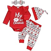 Summffie My First Christmas Baby Girl Outfit Newborn Long Sleeve Romper Santa Print Pants Hat Headband 4Pcs Cute Xmas Clothes
