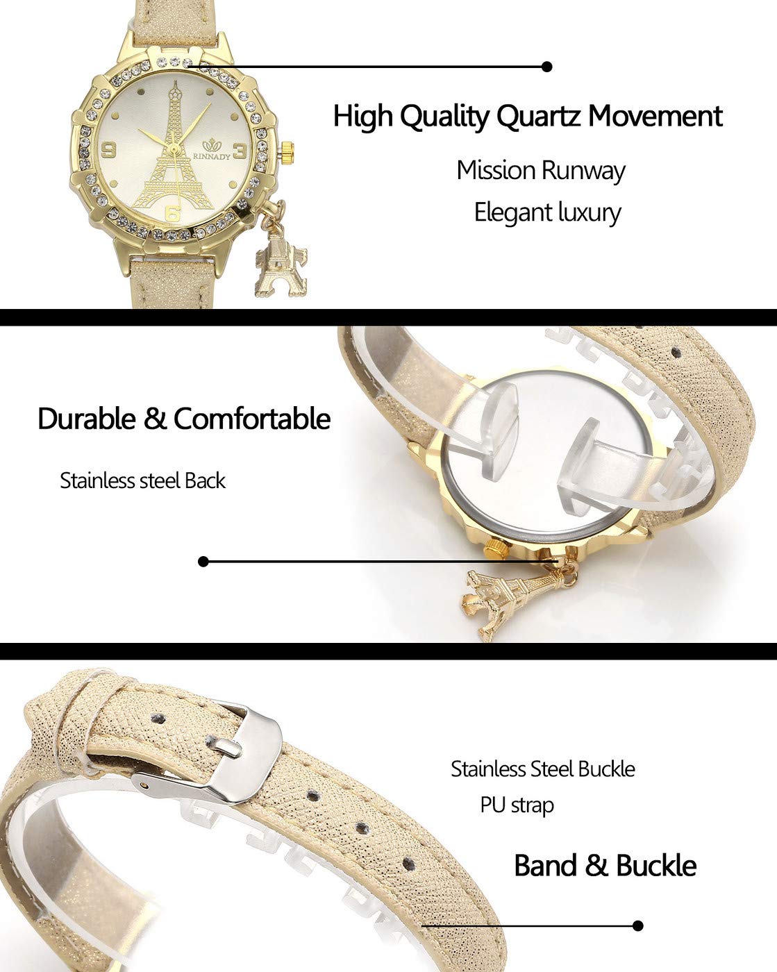 Top Plaza Womens Ladies Fashion Casual Leather Analog Quartz Wrist Watch Unique Tower Pattern Rhinestones Golen Case Dress Watches with Small Tower Charm(White)