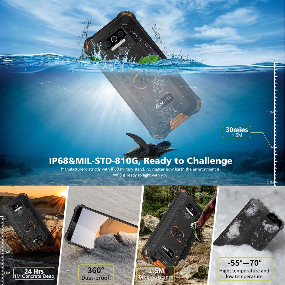 OUKITEL WP5 Rugged Cell Phones, 8000mAh Battery IP68 Waterproof Android 10 Rugged Smartphone, Triple Camera 4GB+32GB 5.5