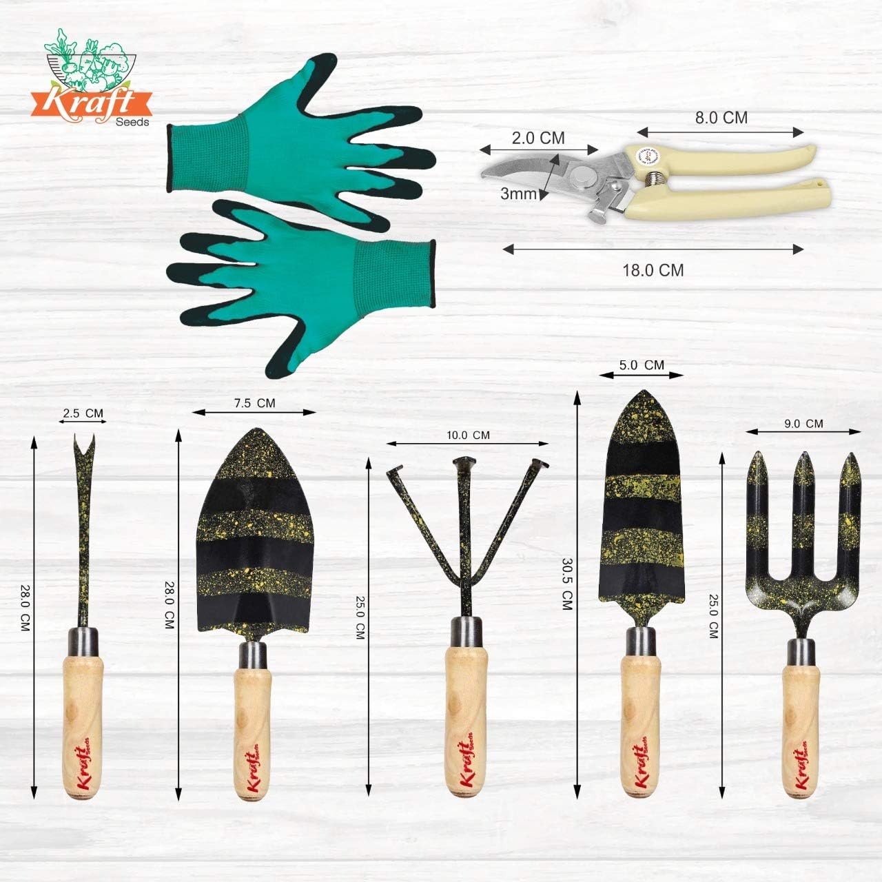Kraft Seeds Printed Tool Kit for Garden - 7 Pcs (Cultivator, Fork, Trowels, Weeder, Hand Gloves, Pruner Cutter) | Agriculture Tools for Home Gardens | Gardening Accessories for Planting |Garden Tools