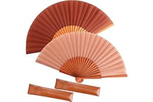 Blulu 2 Pieces Folding Handheld Silk Fan Pear Wood Vintage Spanish Fans with Leather Cover for Women Girls for Renaissance Fairs, LARP, Steampunk, Medieval, Viking, or Cosplay Costumes(Vintage Pink)