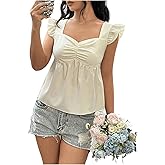 SHENHE Women's Ruffle Cap Sleeve Sweetheart Neck Smocked Peplum Ruffle Blouse Babydoll Top