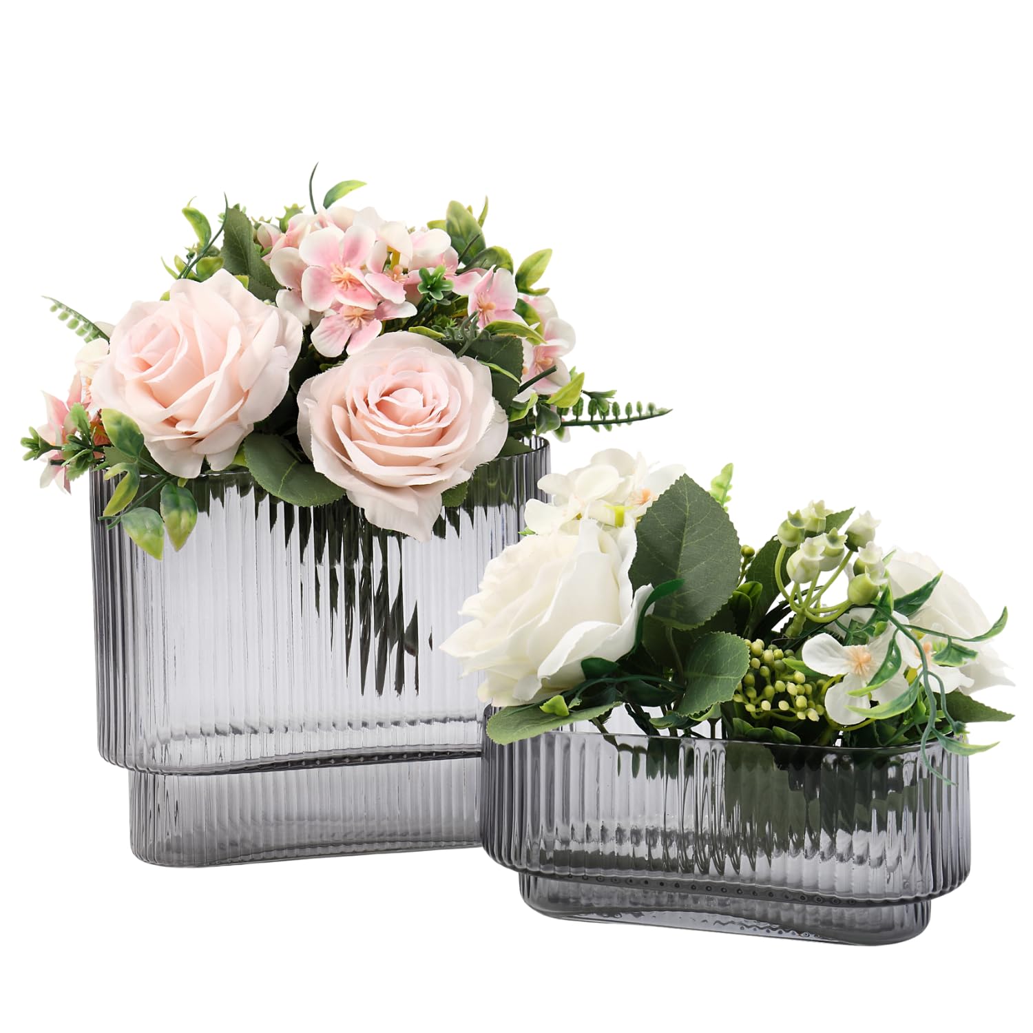 YANWE1 Short Glass Vases, Set of 2 Black Glass Vases for Tulips, Ribbed Vase for Flowers, Modern Small Vase for Living Room, Dining Room, Bathroom, Desk, Shelf, Wedding, Office Image