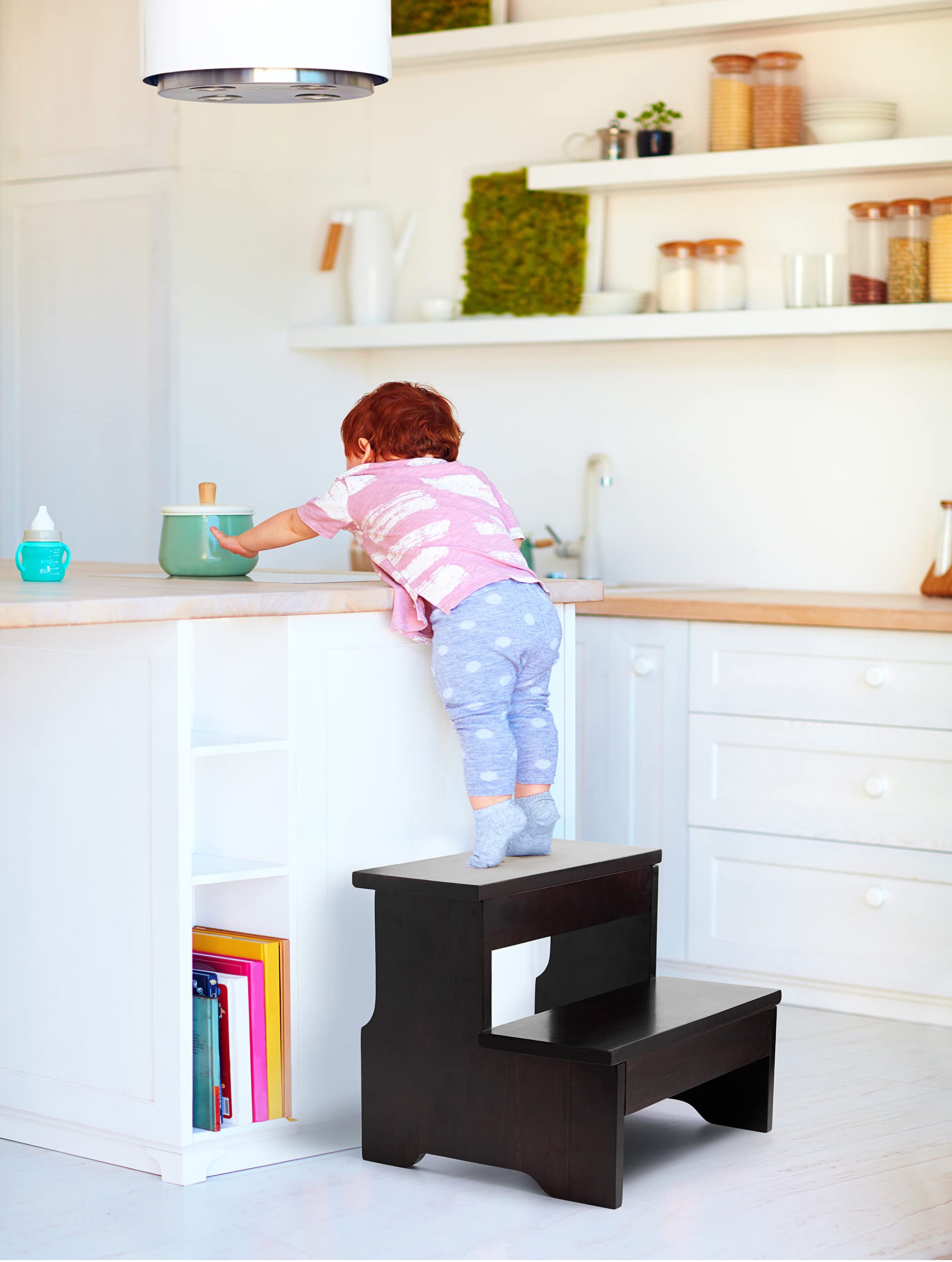Wooden Two Step Stool, Heavy Duty 2-Step Ladder for Adults & Kids, Supports up to 450lbs for Kitchen, Bathroom or Bedside Use (Walnut Finish)