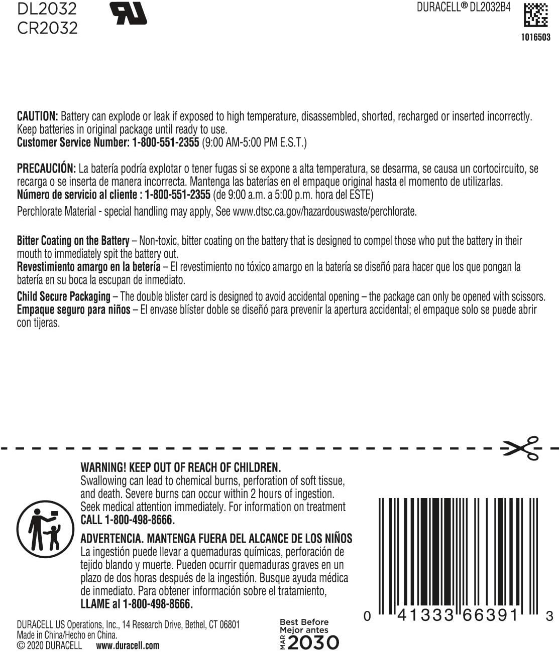 Duracell - 2032 3V Lithium Coin Battery - with bitter coating - 4 count: Health & Personal Care
