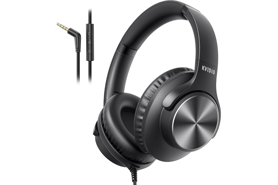 KVIDIO Wired Headphones with Mic, Volume & Playback Control, Over-Ear Foldable Headphones, 3.5mm Plug, 90° Swivel Ear Cups, 4.9ft Tangle-Free Cord for Tablet, Laptop, PC, School, Travel (Black)
