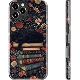 DEENAKIN for iPhone 16 Pro Case Cute,Aesthetic Black Cat Vintage Floral and Books,Compatible with Magsafe,Trendy Wildflower Unique Cool Retro Western Slim Silicone Phone Cover for Women Girls