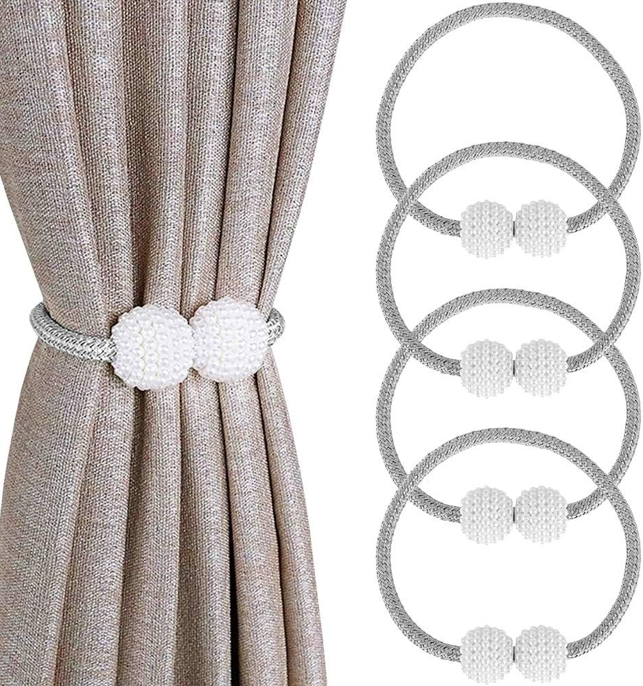 JTWEB Magnetic Curtain Tiebacks 4 Pieces 19" Pearl Decorative Rope Holdback Holder Curtain Drapes Clips Rope Holdbacks for Home, Office, Hotel Window Decoration (Grey, 4PCS)
