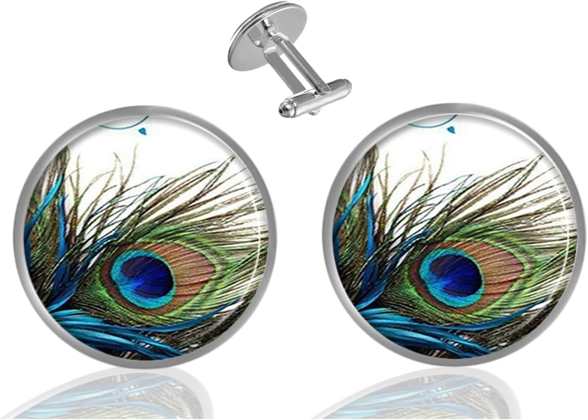 ecowcowCustom Classic Jewelry Tuxedo Shirt Sliver Cufflinks Men's Unique Business Wedding Gifts (Peacock Feather), S, Metal, glass