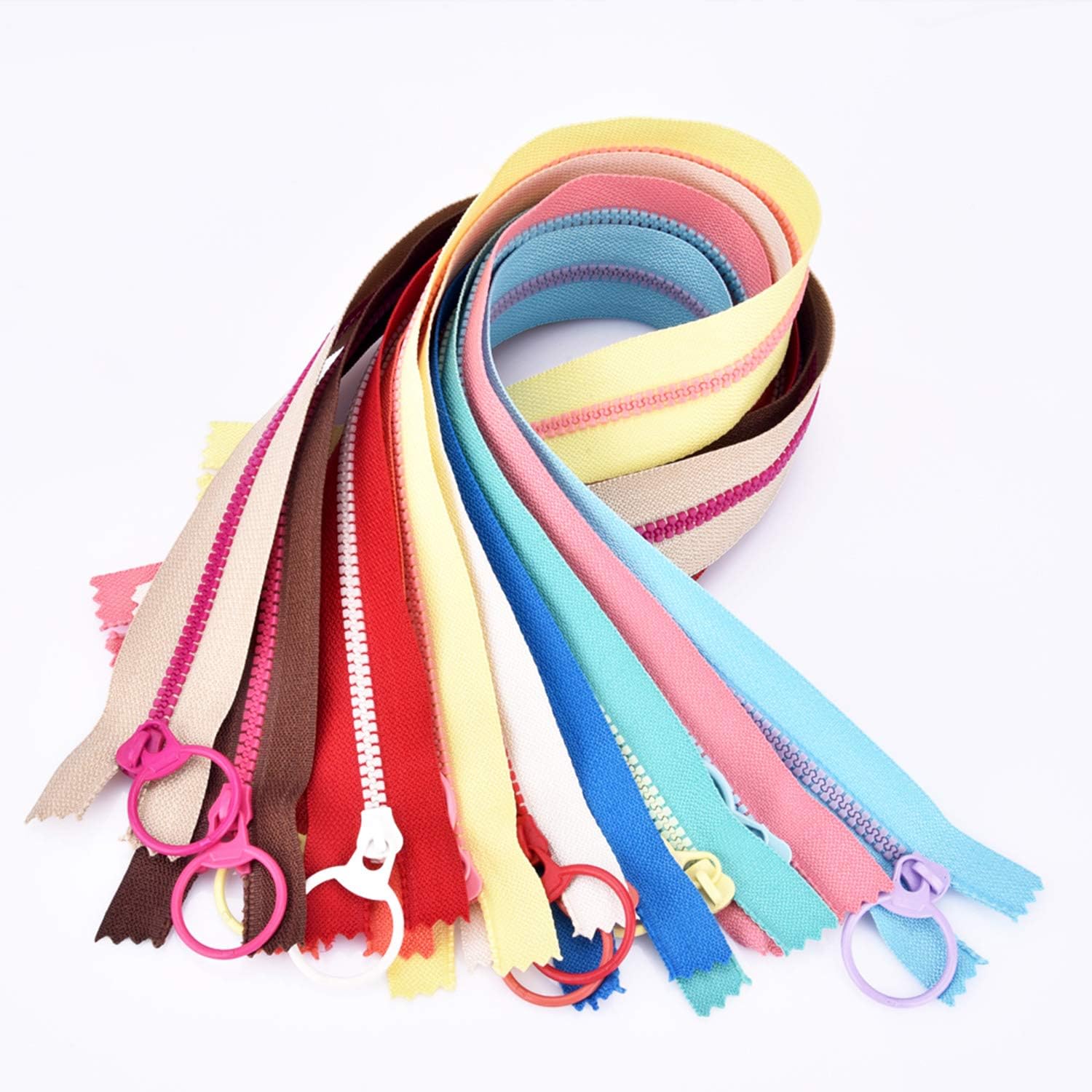 Hossom 20pcs 8inch Nylon Coil Zippers, Resin Zipper, Colourful Zippers with Lifting Ring Quoit, Sewing Zippers, Supplies Zippers for DIY Sewing Craft Tailor Bag Garment (10 Color)