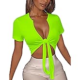 Women's Tie Front Crop Top V Neck Short Sleeve T Shirt Summer Casual Basic Slim Fit Tees