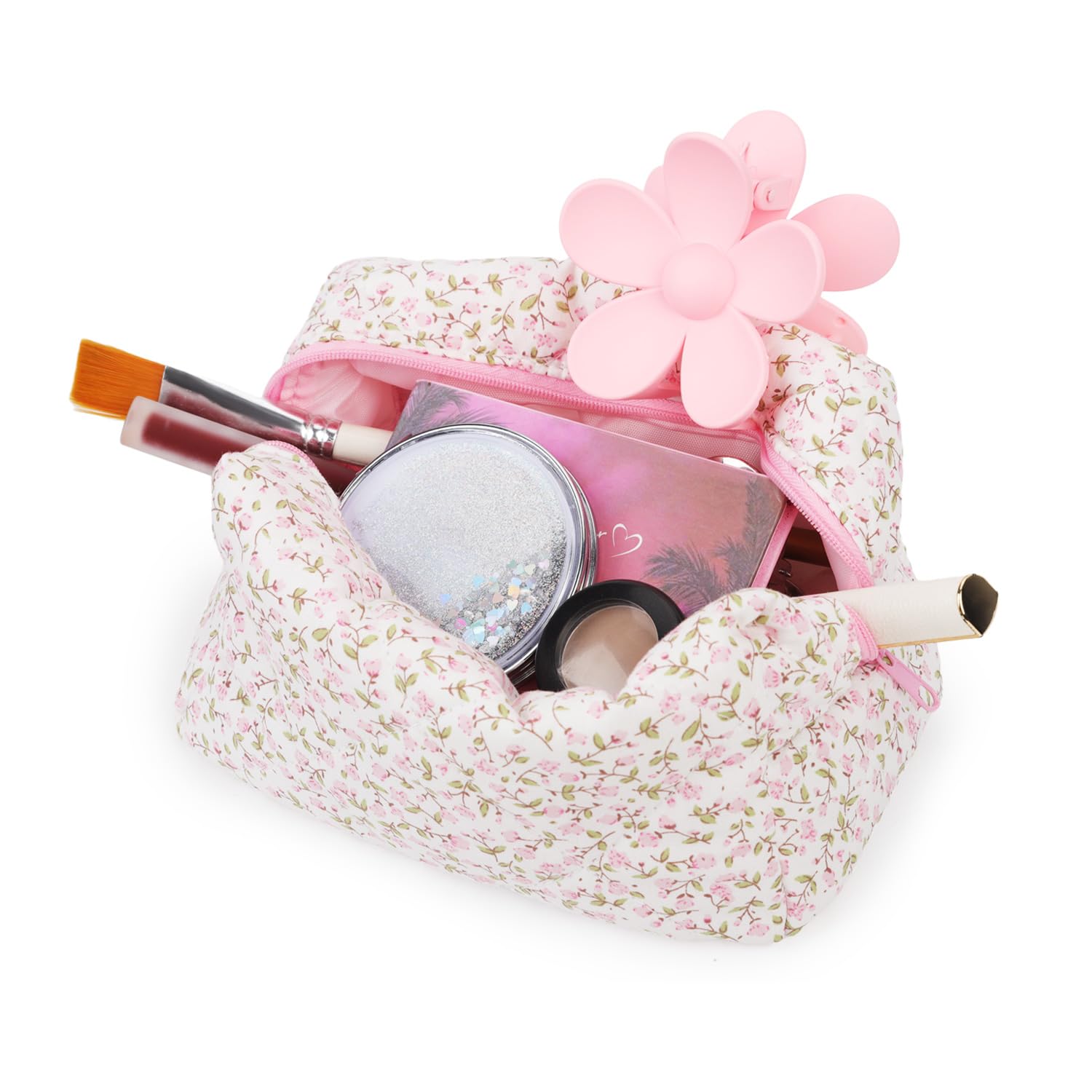 Floral Makeup Bag, Large Cosmetic Bag Floral Quilted Makeup Bag Cute Pink Cotton Flower Travel Makeup Pouch for Women Girls