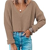 Jumppmile Womens V Neck Waffle Knit Cropped Top Long Sleeve Pullover Crop Sweater