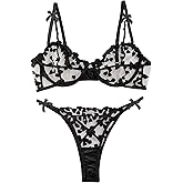 Lilosy Sexy Underwire Cute Push Up Strappy Embroidered Mesh Sheer Lingerie Set See Through Panty Bra