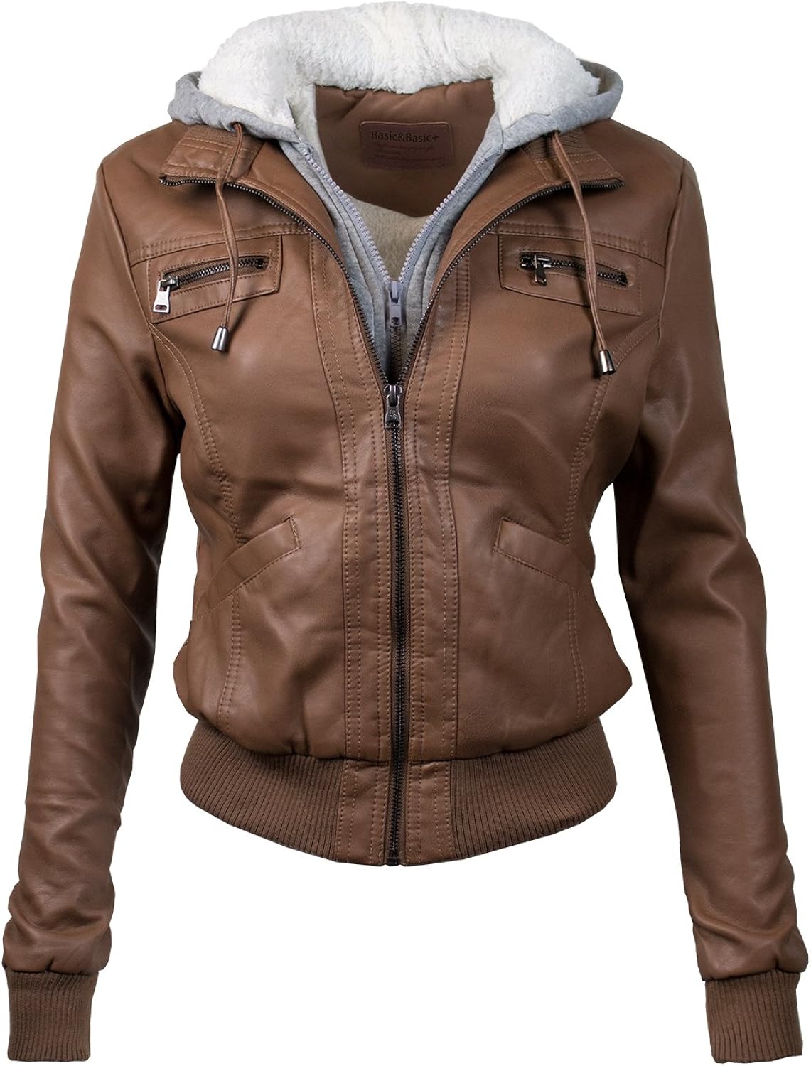 BBP Hooded Faux Leather Bomber Jacket Fur Lining Camel XXL at Amazon