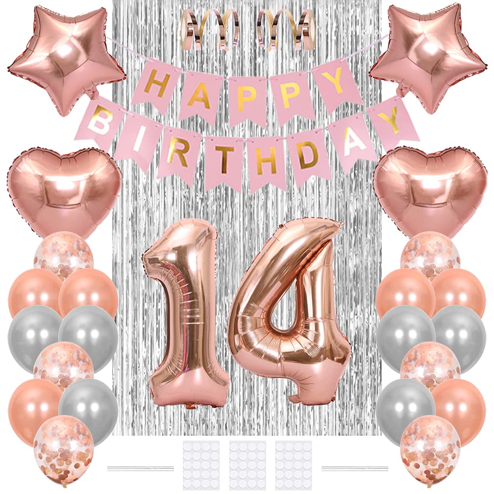 Xihuimay 14th Birthday Decoration Happy Birthday Banner Flag 14 Year Old Birthday Party Supplies Tinsel Curtain Number 14 Balloon Confetti Latex Helium Balloon Star Heart Foil Balloon, Rose Gold