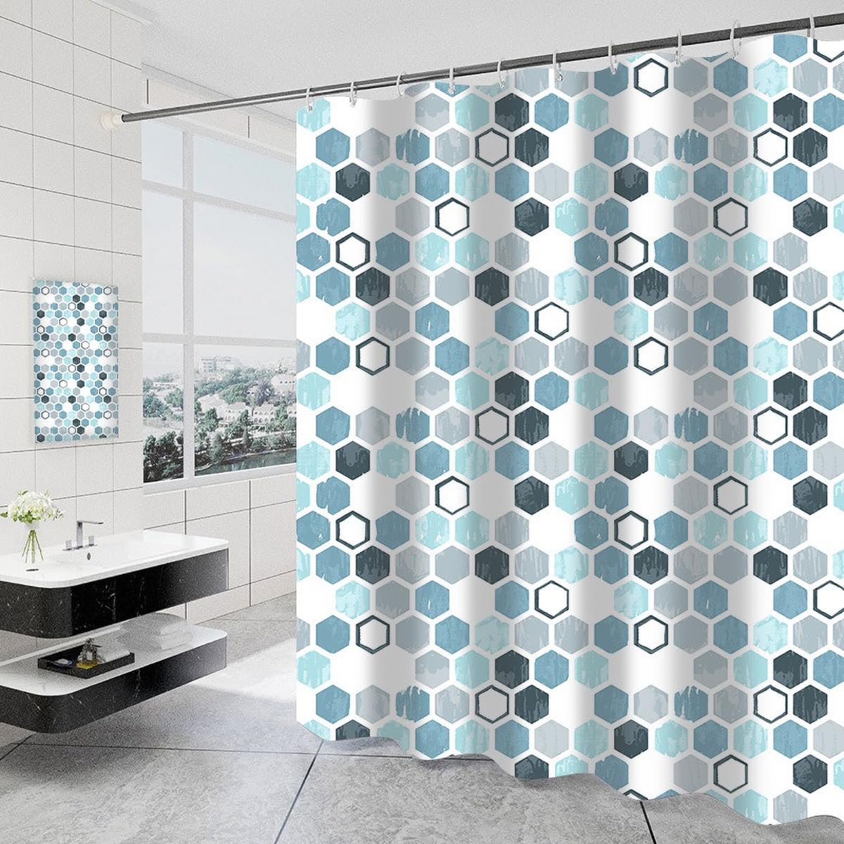 Tennove Shower Curtain Mould Resistant Geometric 200x200cm Drop Bathroom Curtain Waterproof Polyester Fabric Wet Room Bathtub Shower Curtain,Weighted Hem,Quick Dry