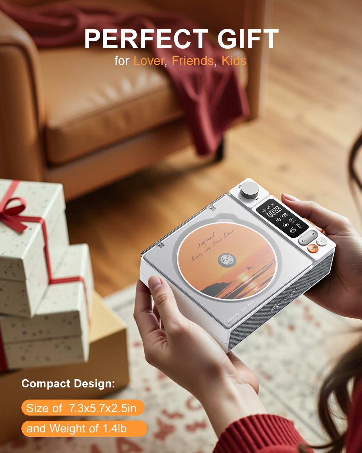 Leapwell CD Player Portable Bluetooth Desktop CD Players for Home with Speakers Rechargeable Small Retro CD Player with LCD Screen Optical USB White