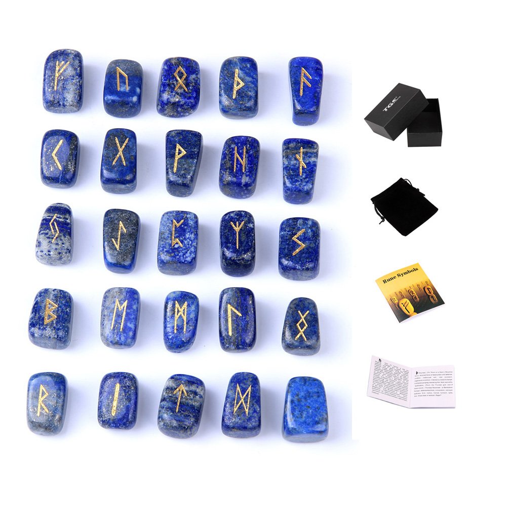 TGS Gems RN001 Lapis Lazuli Rune Stones Set Engraved Pagan Lettering with Instruction Booklet and Velvet Pouch