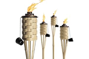 ONETHATCH Bamboo Torches, Outdoor Citronella Torch (Weathered Color, 4pack); Large Patio Torch, Great for Tropical Decor, Lighting, and Luau Party; Easy Refill Wide-Mouth Canister, Stands 60" Tall