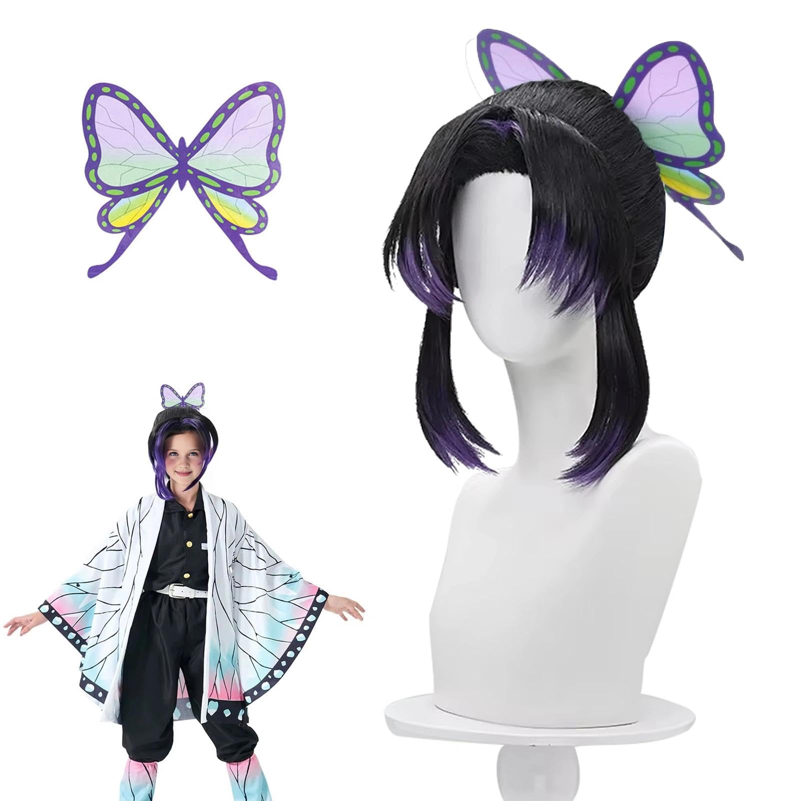 Photo 1 of abouder Shinobu Wig Kids with Butterfly Hair Clip Kocho Cosplay Wigs Heat Resistant Hair with Cap Halloween Costume