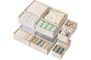ActCosy 12 Pack Drawer Organizer for Baby Clothes, Linen Fabric Nursery Organizer for Baby Diaper, Collapsible Deep Fabric Drawer Organizer with Zipper for Socks, Bra, Towels, Ties, Beige