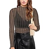 BNOOUIL Women's Sheer Mesh Bodysuit Mock Turtleneck Lace Tops Slim See Through Long Sleeve Body Suits Sexy Shirts