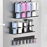 EASTTOWEST Magnetic Cup Holder for Fridge 8 Slots Universal Water Bottle Organizer Rack with Hooks for Stanley Owala Yeti Tumbler up to 40oz(2x4-CUPS Black)
