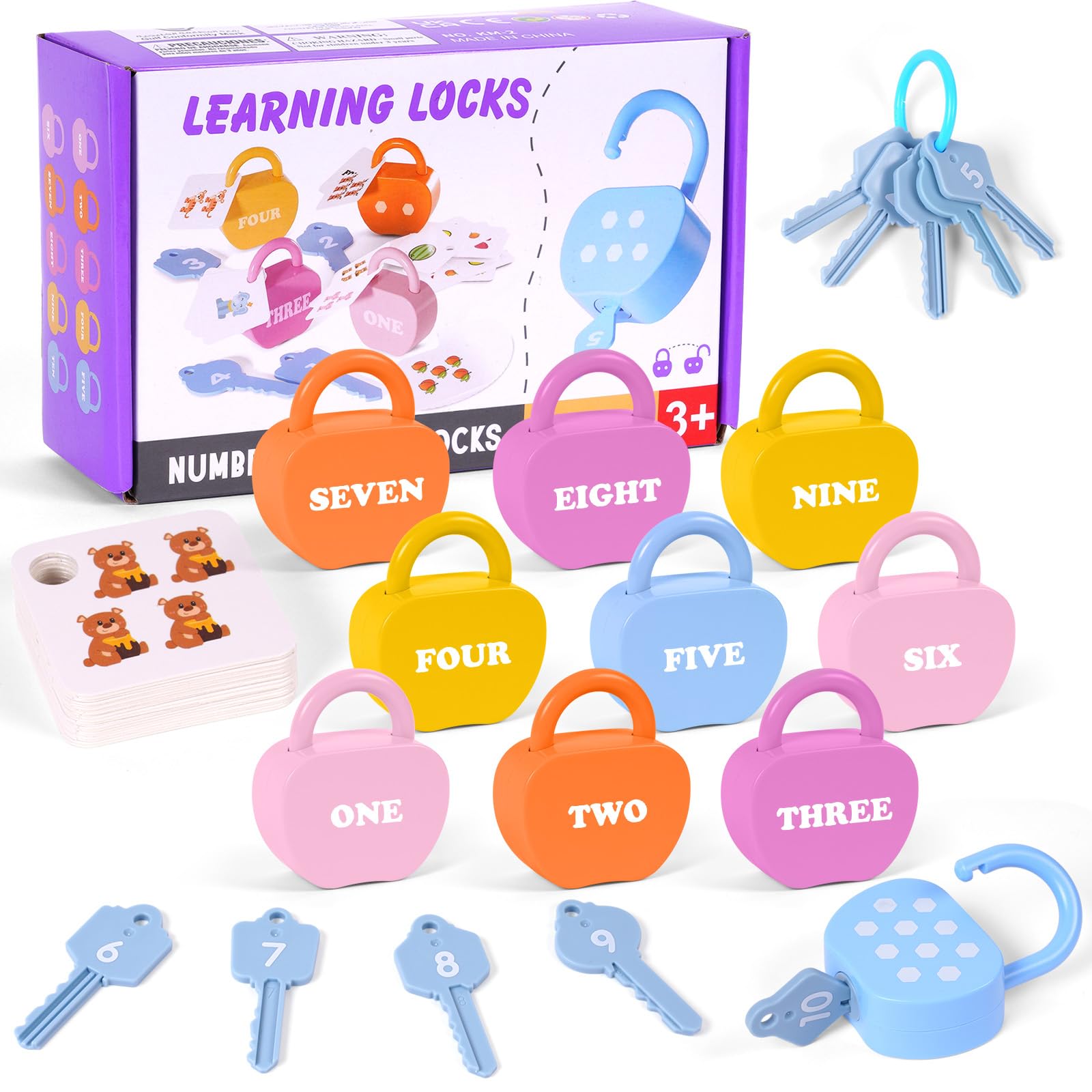 AOOSA 10 Set Unlock Key Toys, Locks and Keys Toys for Toddlers 3+, Montessori Early Education Key Digital Unlock Toy, Lock and Keys Toy to Develop Fine Motor Skills, Graphic Pairing Cognition