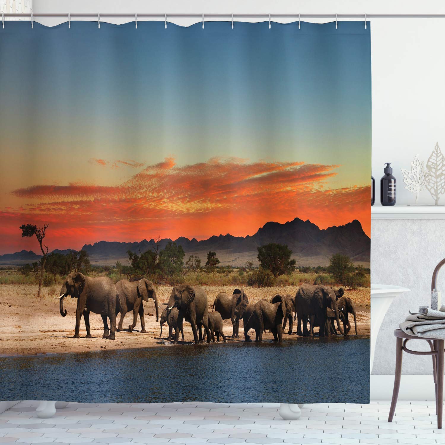 ABAKUHAUS Safari Shower Curtain, Herd of Elephants Watering in Wilderness at Sunset Image Print, Cloth Fabric Bathroom Decor Set with Hooks, 175 x 180 cm, Pale Blue Orange Brown
