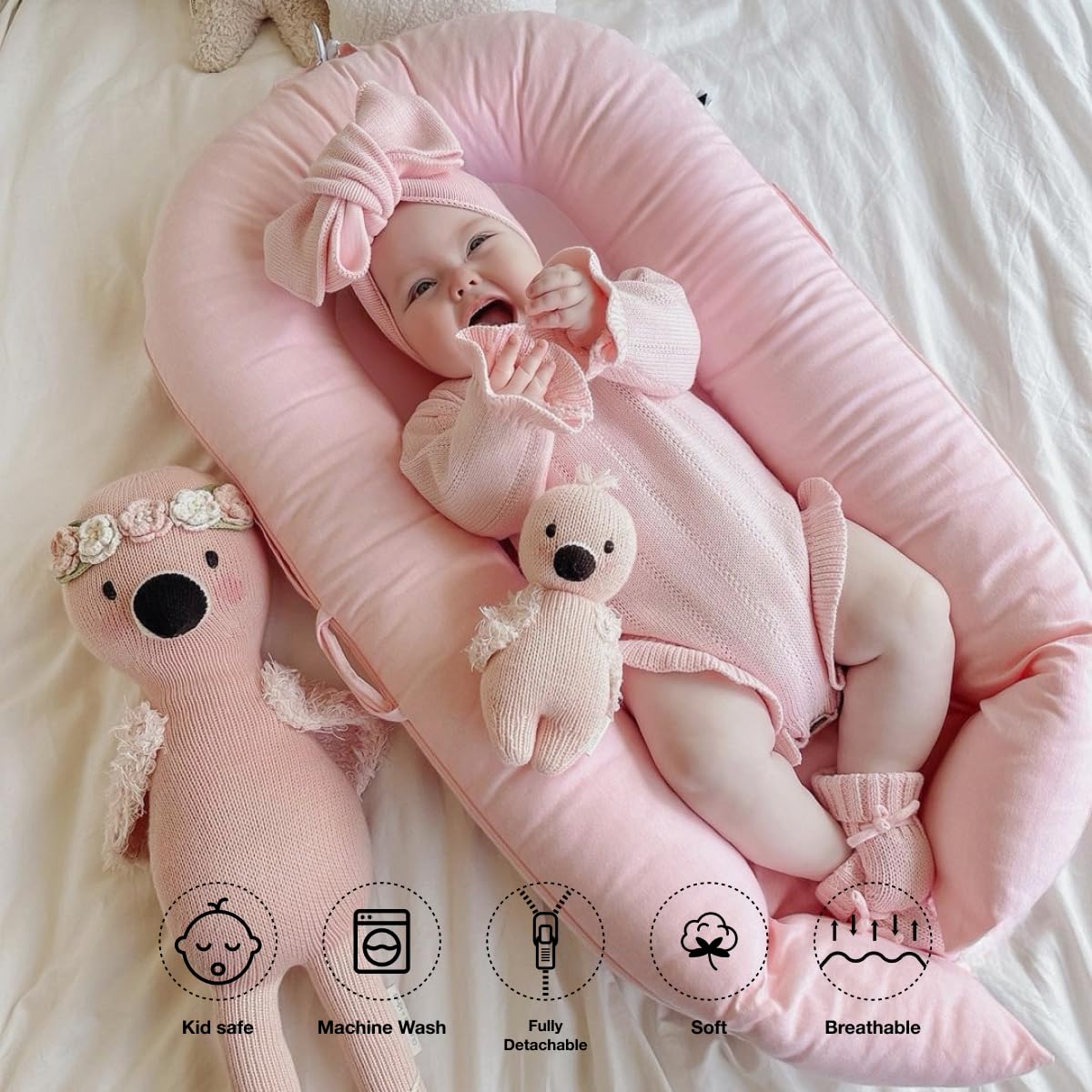 CooCooBaby Deluxe Infant Lounger, Baby Nest Cover for Baby Girls & Boys, Newborn Essentials for Baby 0-12 Months, 100% Cotton (DustyRose)