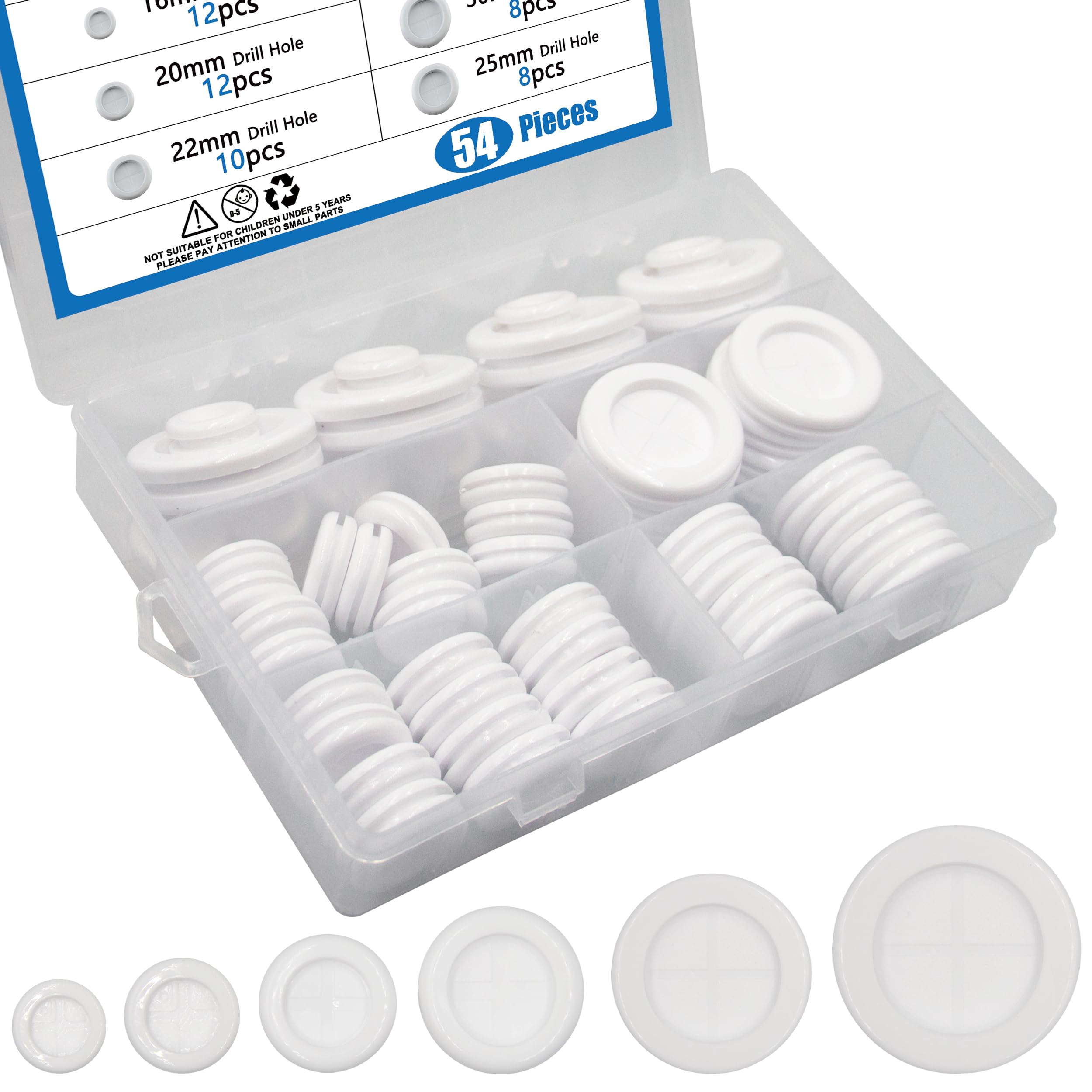 BESTYCHAO 54Pcs Rubber Grommets Kit, 6Sizes Closed Drill Hole Firewall Hole Plugs, Double-Sides Rubber Grommets Eyelet Ring Gasket for Electrical Wire Protection -White