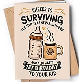 1st Birthday Card - Happy First Birthday for Boy, Girl - Cute One Year Old Bday- Baby 1st Bday - Funny Congrats Mom, Dad Card - 1 Year Parenthood Milestone - Cheers to Surviving