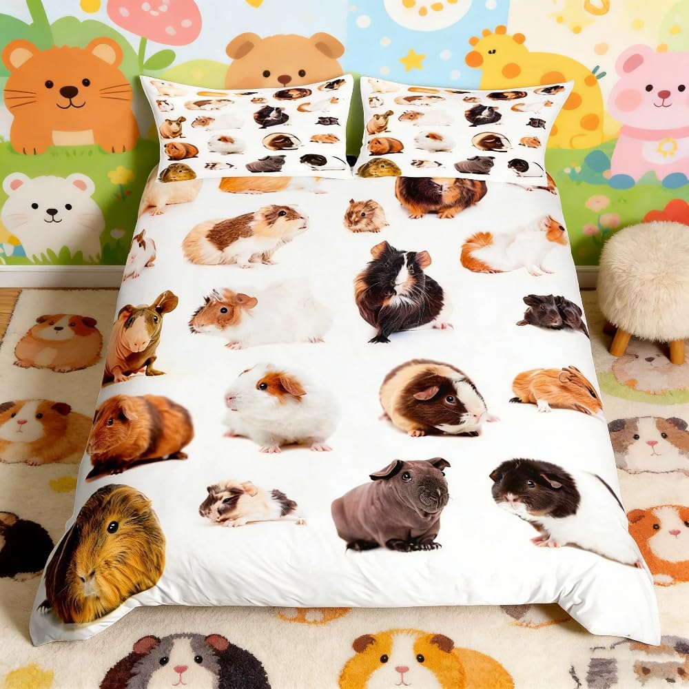 Loussiesd Guinea Pig Duvet Cover Cute Pet Bed Linen Set Bedding for Girls Boys Children Lovey Guinea Pig Comforter Cover 3D Animal Theme Room Decor Bedspread Cover Double 3Pcs Bedclothes