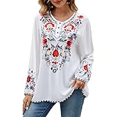 St.Lareina Womens Embroidered Tops Fall Shirts Long Sleeve Casual Mexican Blouses Loose Peasant Tunic Trendy Clothes