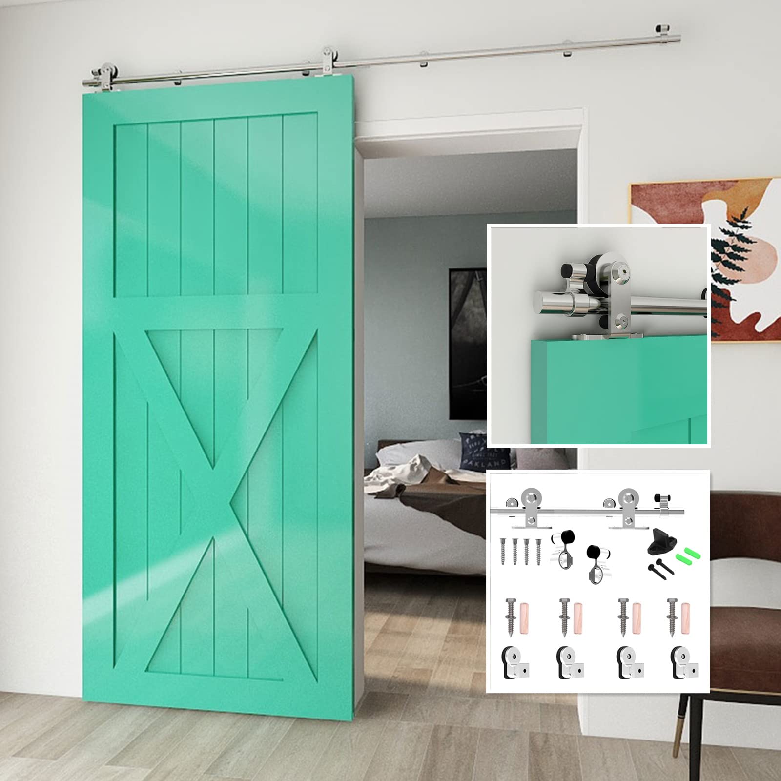 Sliding Barn Door Hardware Kit 6.6FT (2M) for Single Wood Door Stainless Steel Sliding Door Track WOLFBIRD - T Style